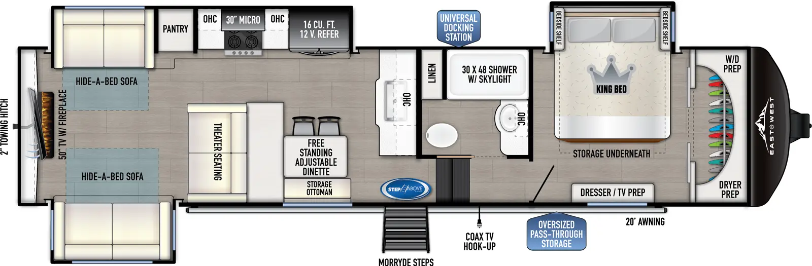 The 3300RD has 3 slideouts and one entry. Exterior features an oversized pass through storage, universal docking station, MORryde steps, coax TV hookup, 20 foot awning, and 2 inch towing hitch. Interior layout front to back: front closet with washer/dryer prep, off-door side king bed slideout with storage underneath, and door side dresser with TV prep; off-door side full bathroom with overhead cabinet, linen closet, and shower with skylight; steps down to main living area and entry; kitchen counter with sink and overhead cabinet along inner wall; off-door side slideout with 12V refrigerator, overhead cabinet, microwave, cooktop, pantry, and hide-a-bed sofa; door side free-standing adjustable dinette with storage ottoman, counter, theater seating, and a hide-a-bed sofa slideout; rear TV with fireplace.